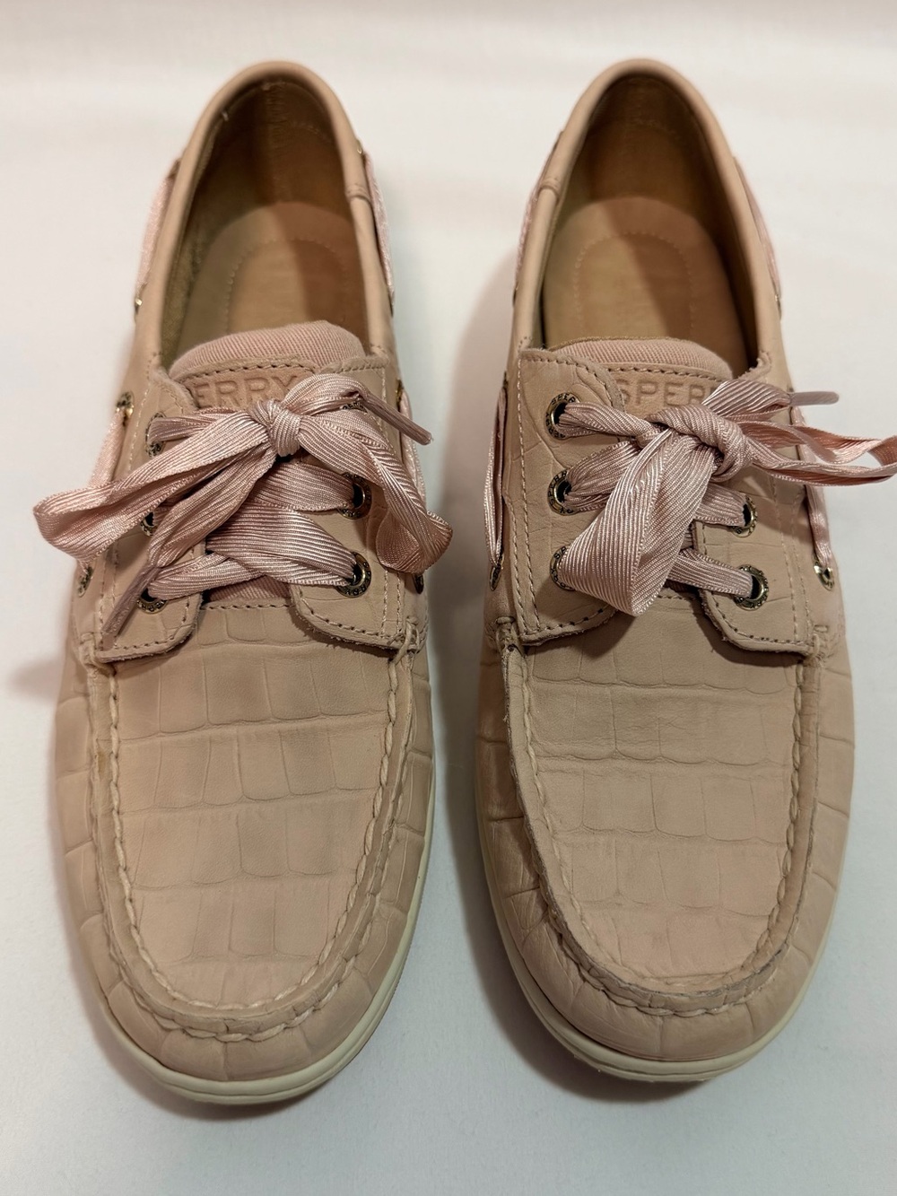 Sperry Womens Pink Croc Embossed Leather Boat Shoes STS84407 Size 7.5